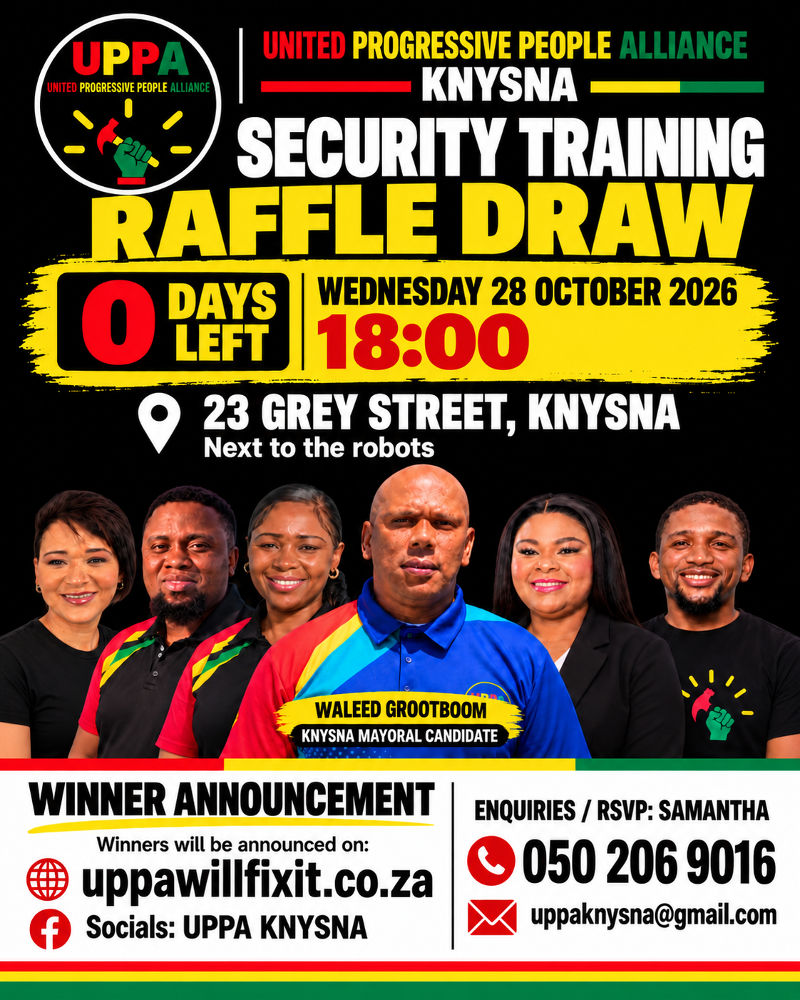 Updated UPPA Knysna security training raffle draw poster: Wednesday, 28 October 2026 at 18:00 (SAST), 23 Grey Street, Knysna, next to the robots.