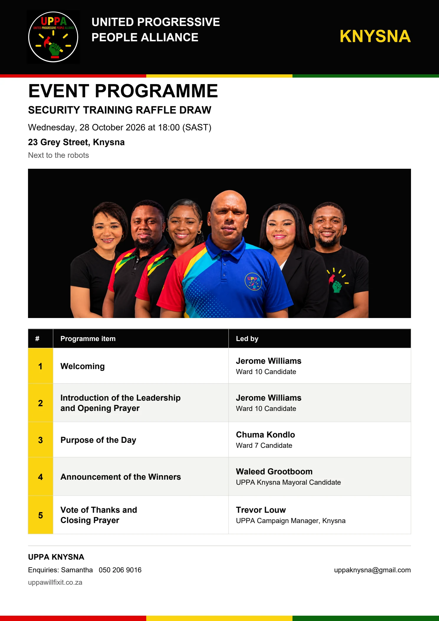 UPPA Knysna security training raffle draw programme for 28 October 2026 at 18:00. The five programme items and their leaders are also listed as readable text above.
