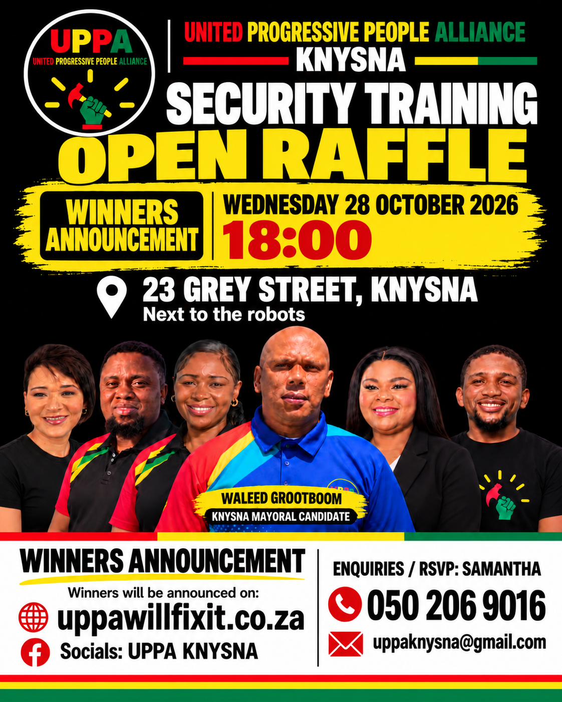 UPPA Knysna security training open raffle winners announcement: Wednesday, 28 October 2026 at 18:00, 23 Grey Street, Knysna, next to the robots.