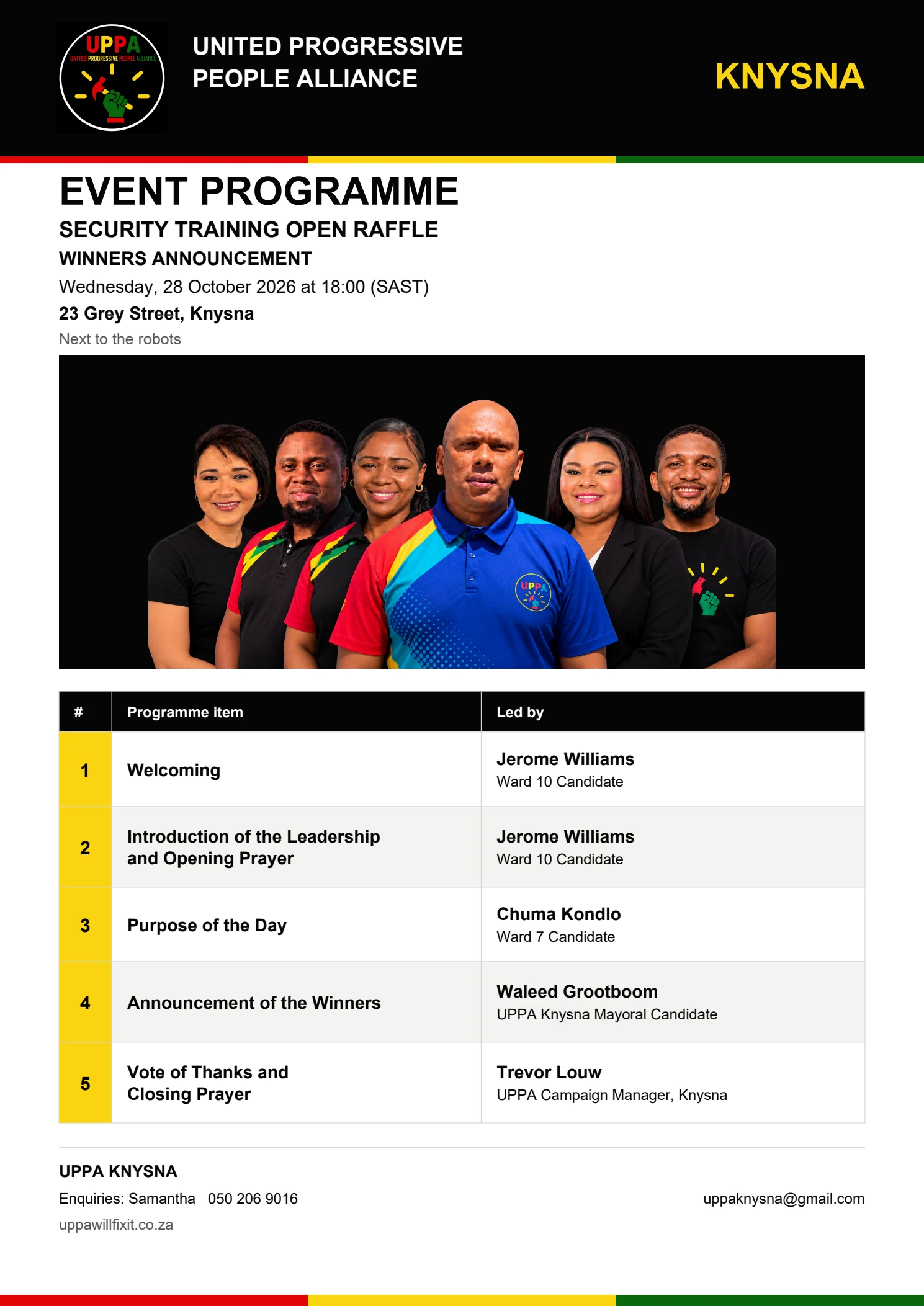 UPPA Knysna security training open raffle winners announcement programme, 28 October 2026 at 18:00. The five programme items and leaders are also listed as readable text.