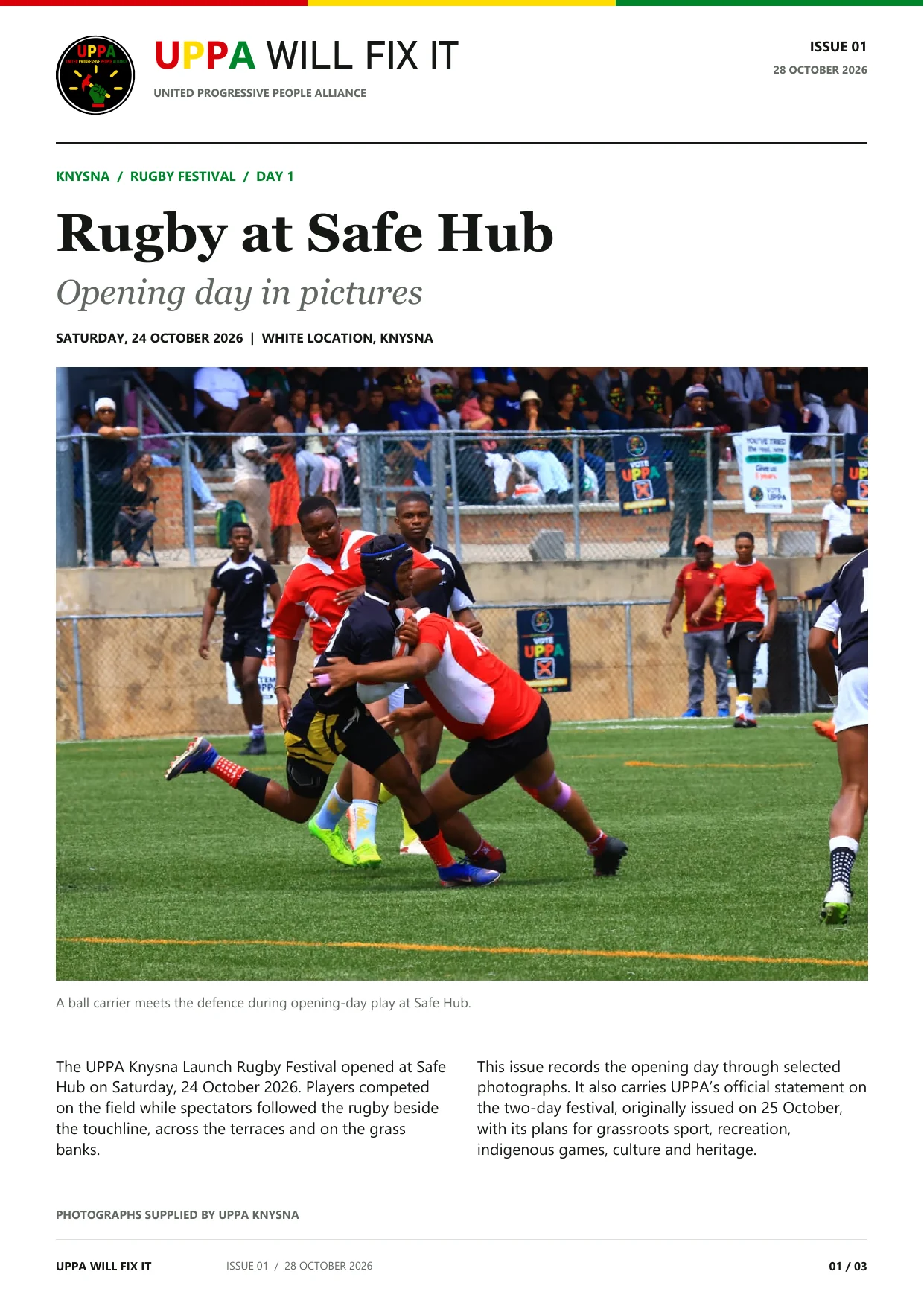 Issue 01, page 1: Rugby at Safe Hub, with opening-day match photographs.