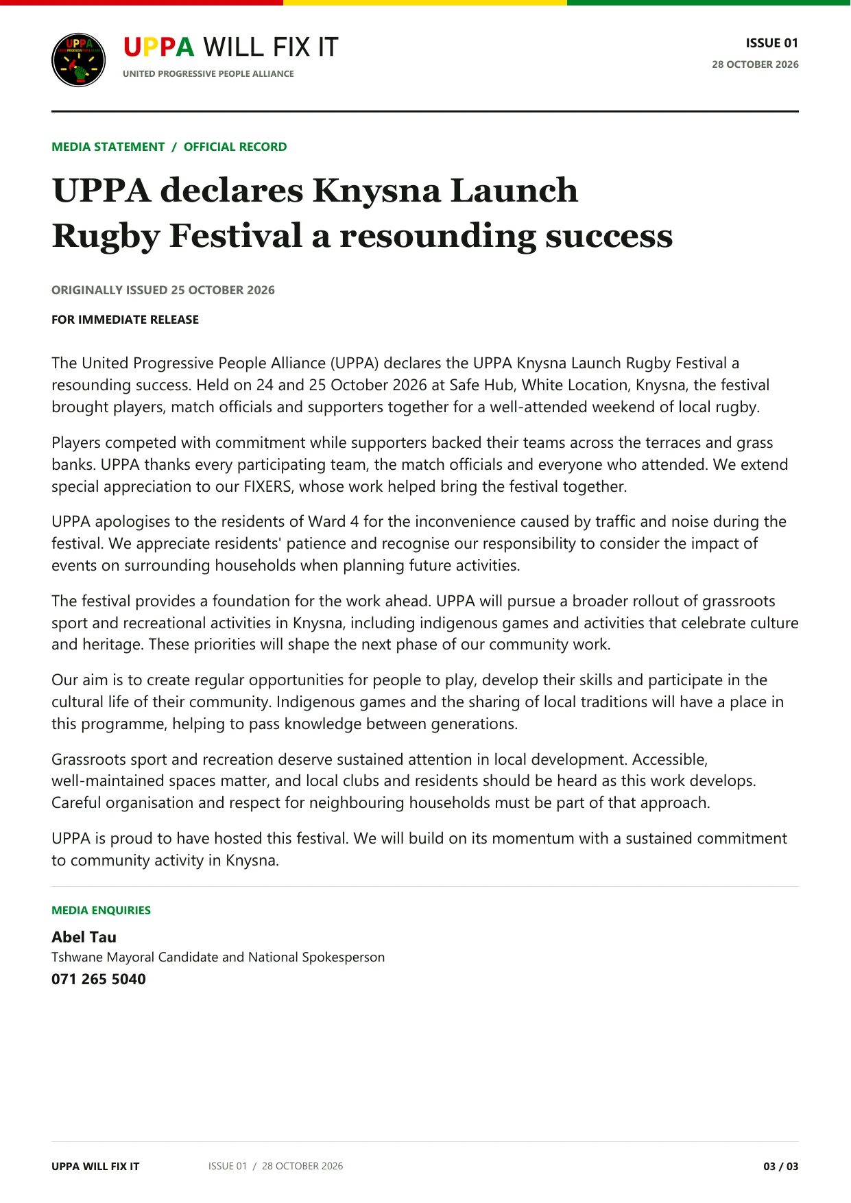 Issue 01, page 3: UPPA’s festival statement, originally issued on 25 October 2026.